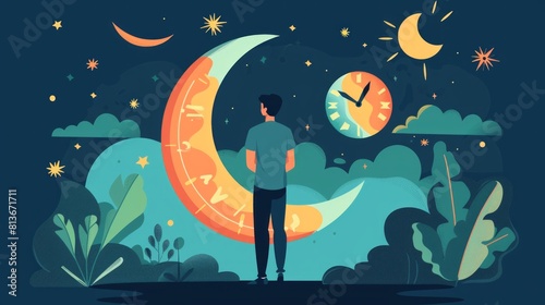 Person near clock, changing day and night circle, day and might routine, circadian rhythm, time for rest and work concepts