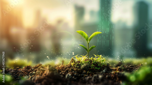 small plant with a city in the background, symbolising that despite urban life, nature should not take a back seat, created with generative AI technology