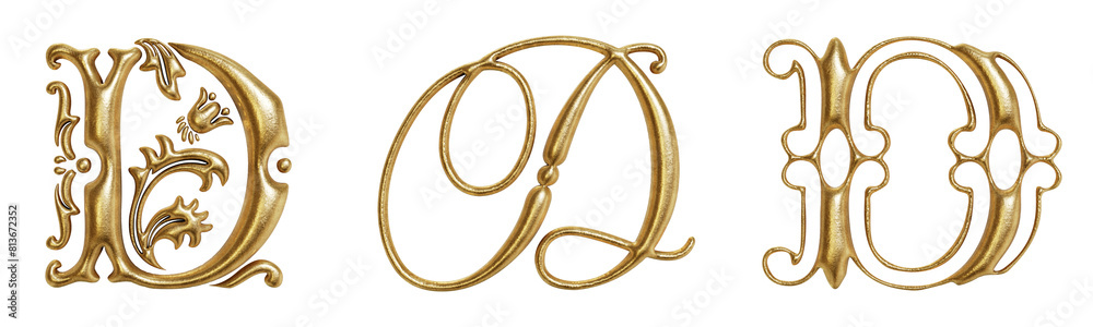 Letter D ornate golden decorative drop cap initials isolated on transparent background. 3D rendering Letter D ornate golden decorative drop cap initials isolated on transparent background. 3D rendering