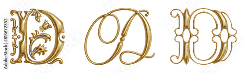 Letter D ornate golden decorative drop cap initials isolated on transparent background. 3D rendering