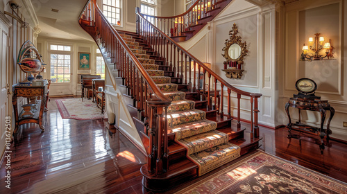 Traditional home with a rich cherry wood staircase, ornate carpet runner, and family heirlooms displayed on the landing. photo