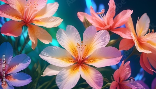 Vibrant Orange and Pink Lilies on Soft Blue Background - Beautiful Spring Flowers Close-Up for Inviting Floral Themed Designs and Nature-Inspired Creative Projects