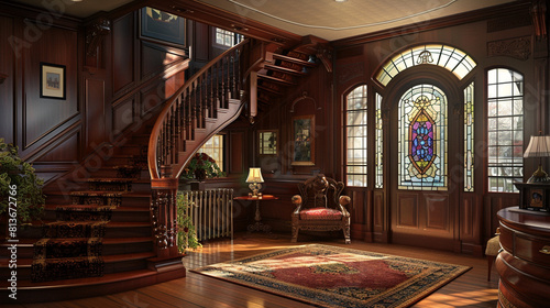Traditional home with a rich mahogany staircase and a hand-carved banister, featuring a stained glass window on the landing.