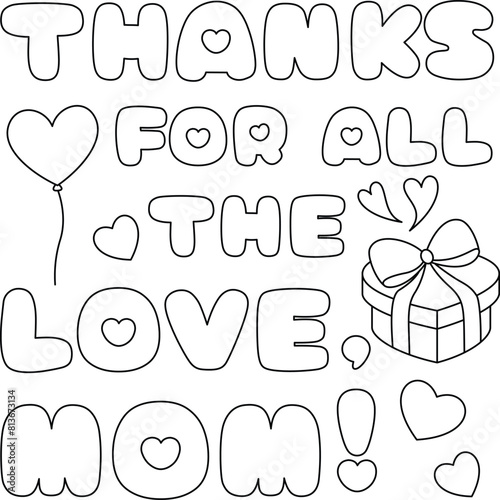 Cute Mother's day coloring pages for kids, outline vector illustration easy to color, black and white activity worksheet
