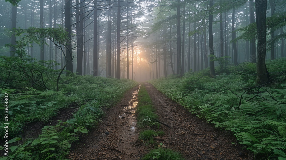 Fototapeta premium Serene Japanese Forest Path at Sunrise, Misty Morning with Lush Green Foliage