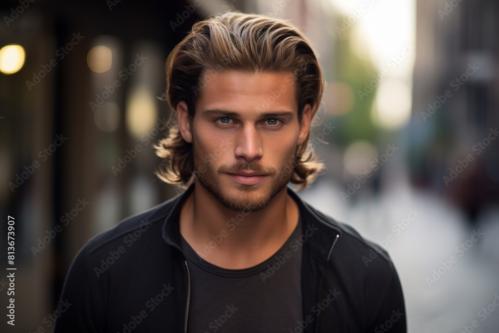 A man with long hair and a beard is standing in front of a building A man with long hair and a beard is standing in front of a building