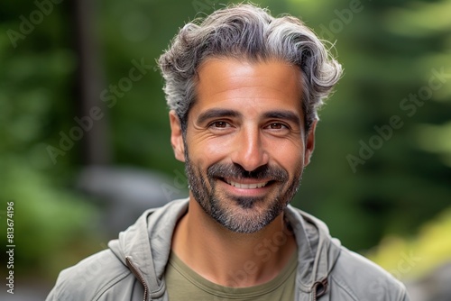 A man with a beard and gray hair is smiling and wearing a green jacket