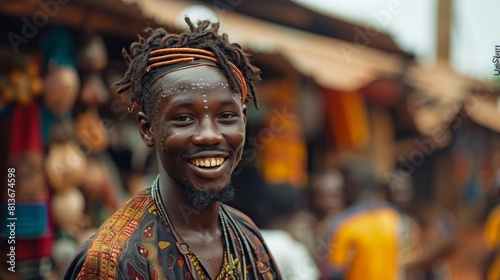 Joyful Young Man in Traditional African Market Setting, Vibrant Culture and Style Displayed