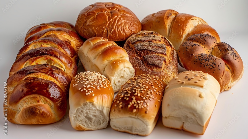 Inviting close-up of an assortment of market-style buns and bread loaves, well-lit and displayed against an isolated studio background Inviting close-up of an assortment of market-style buns and bread loaves, well-lit and displayed against an isolated studio background