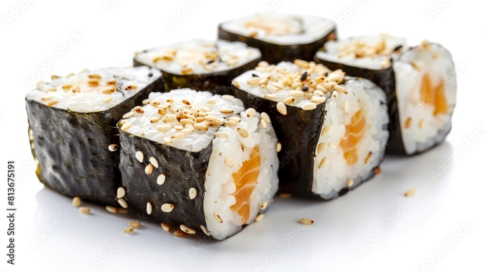 Intimate view of seaweed maki rolls sprinkled with sesame seeds, isolated and clear under studio lighting for promotional focus Intimate view of seaweed maki rolls sprinkled with sesame seeds, isolated and clear under studio lighting for promotional focus