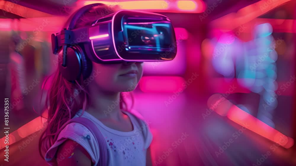 This Girl in VR glasses surrounded by neon lighting, immersed in futuristic virtual reality This Girl in VR glasses surrounded by neon lighting, immersed in futuristic virtual reality
