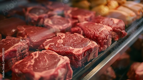 Intimate close-up of neatly arranged cuts of raw meat in a butcher shop exhibit, highlighting freshness and clarity for advertising