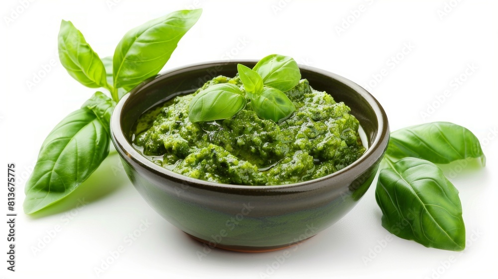 Traditional italian sauce pesto with green basil in wooden bowl isolated on white background Traditional italian sauce pesto with green basil in wooden bowl isolated on white background