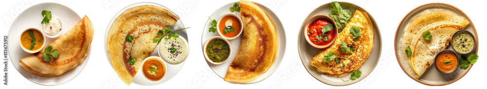 South Indian crispy Masala Dosa with tomato souce and green chutni coconut chutney, samber, garnished with clantro leaves, in plate top view, isolated transparent png, indian food South Indian crispy Masala Dosa with tomato souce and green chutni coconut chutney, samber, garnished with clantro leaves, in plate top view, isolated transparent png, indian food