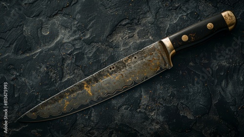 Intense close-up of a vintage kitchen knife against a black stone surface, isolated background, ideal clarity and focus for advertising