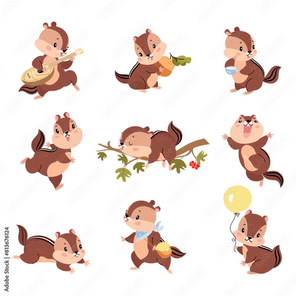 Fototapeta premium Chipmunk. Funny chipmunks in different poses. Cute little animal has various activities, sleep, drink coffee, have fun and jump. Nowaday vector set