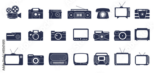 Retro media black icons. Old style multimedia elements, different photo cameras, tv screens and radio. Home digital technology, decent vector set