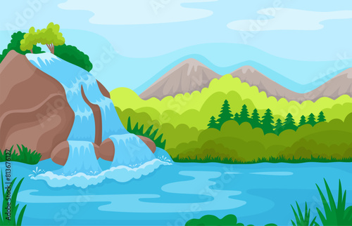 Nature landscape with waterfall in valley. Water streams in lake  hills or mountains and forest. Wild river  neoteric cartoon vector background
