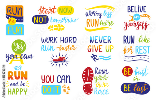 Running sport phrases. Motivational run lettering quotes with sporty elements. Hand drawn typography design for clothes prints, neoteric vector set