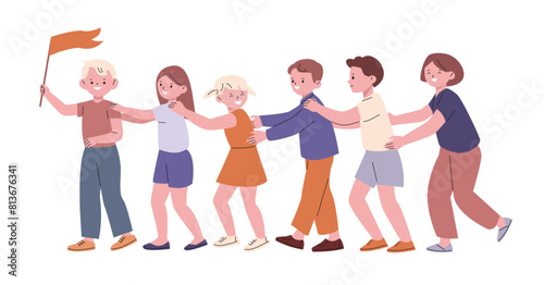 Children playing train. Cute little kids play connecting game. Kindergarten playtime, isolated happy toddler friends, cartoon kicky vector scene