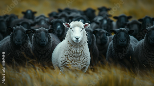 White sheep stands out in the middle of black sheep