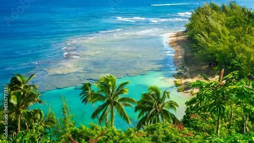 Panoramic view of the famous Kee Beach in Kauai, Hawaii, United States. photo
