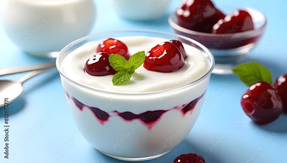 A bowl of yogurt topped with fresh cherries and mint leaves on a vibrant blue surface A bowl of yogurt topped with fresh cherries and mint leaves on a vibrant blue surface