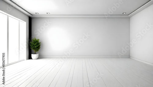 A room with white walls, devoid of furniture, features a single potted plant in the corner, creating a minimalist and clean aesthetic photo