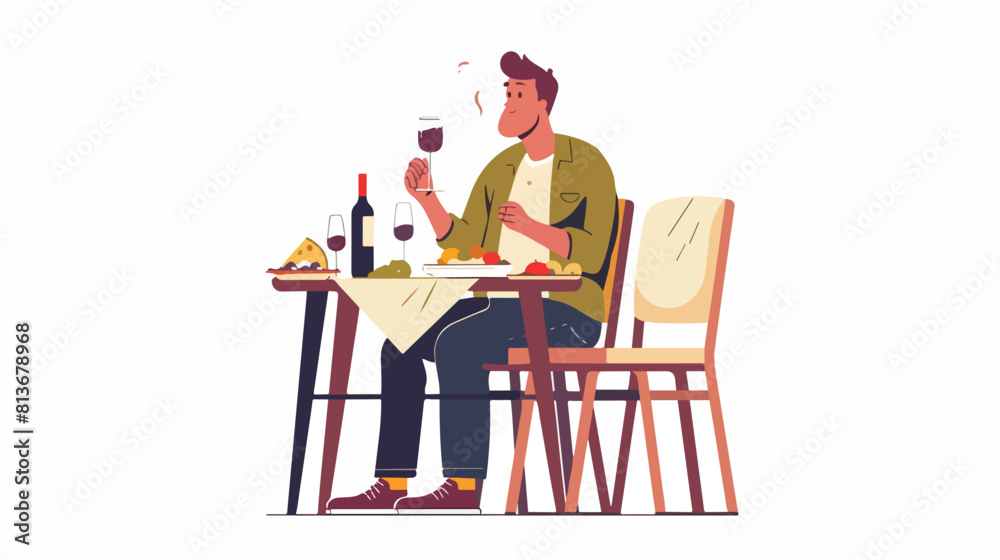 Cartoon male eat khinkali and drink wine sitting at table
