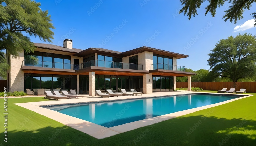 3D rendering of a sleek, modern home featuring a luxurious swimming pool in the backyard 3D rendering of a sleek, modern home featuring a luxurious swimming pool in the backyard