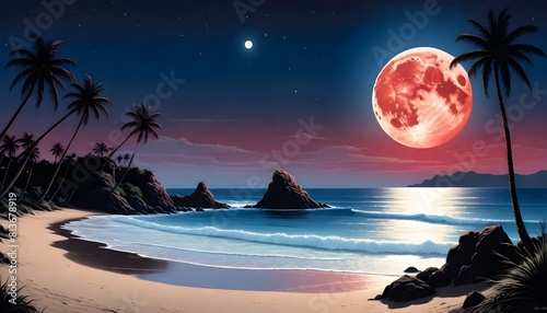 A scene of a beach at night with a full moon shining brightly above tall palm trees swaying gently in the breeze
