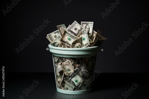 Turquoise bucket overflowing with various denominations of us dollars against a dark background photo
