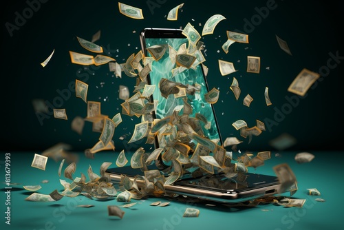 Wallpaper Mural The revolutionary concept of digital earnings explosion through online income and smartphone banking with bills flying and profit growth in the financial technology sector Torontodigital.ca