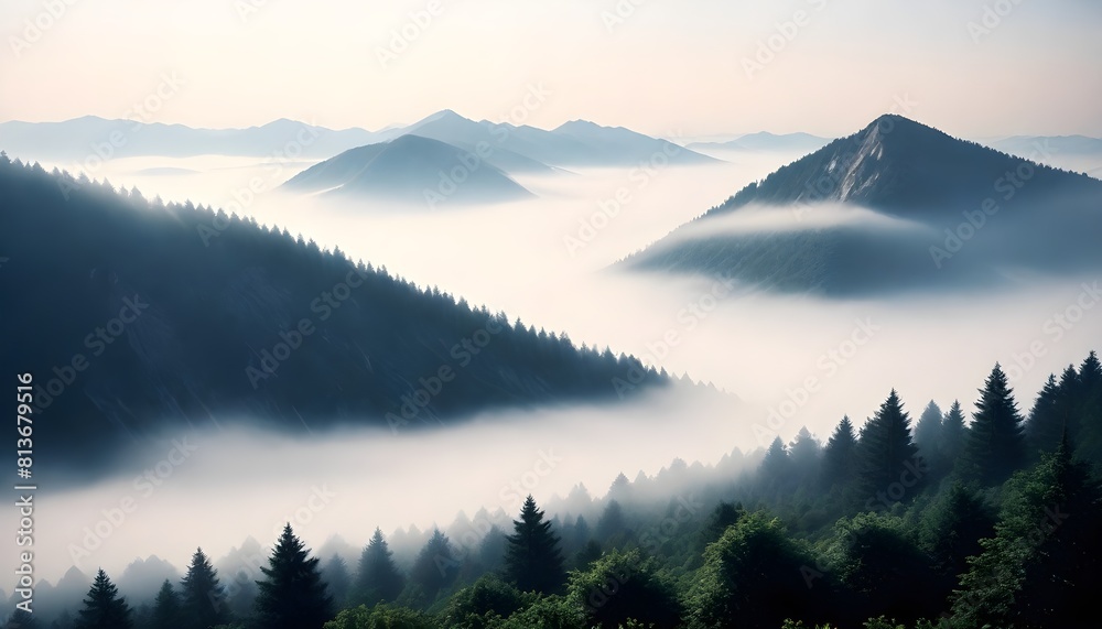 A foggy mountain range featuring trees in the background, creating a mysterious and atmospheric scene