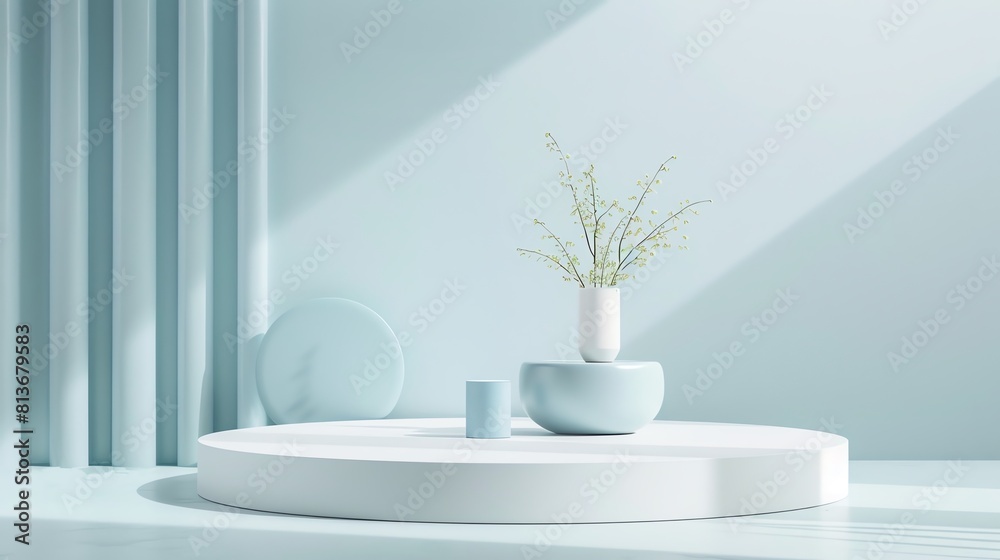 Circular pastel blue podium with a clean white background, enhancing the display of contemporary goods