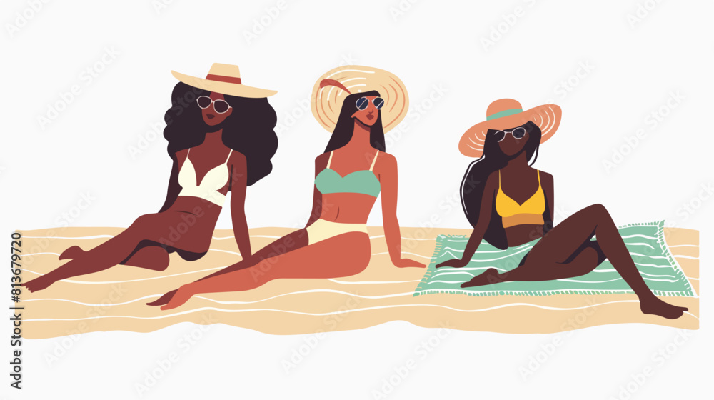 Cartoon women friends sunbathing on beach in bikini.