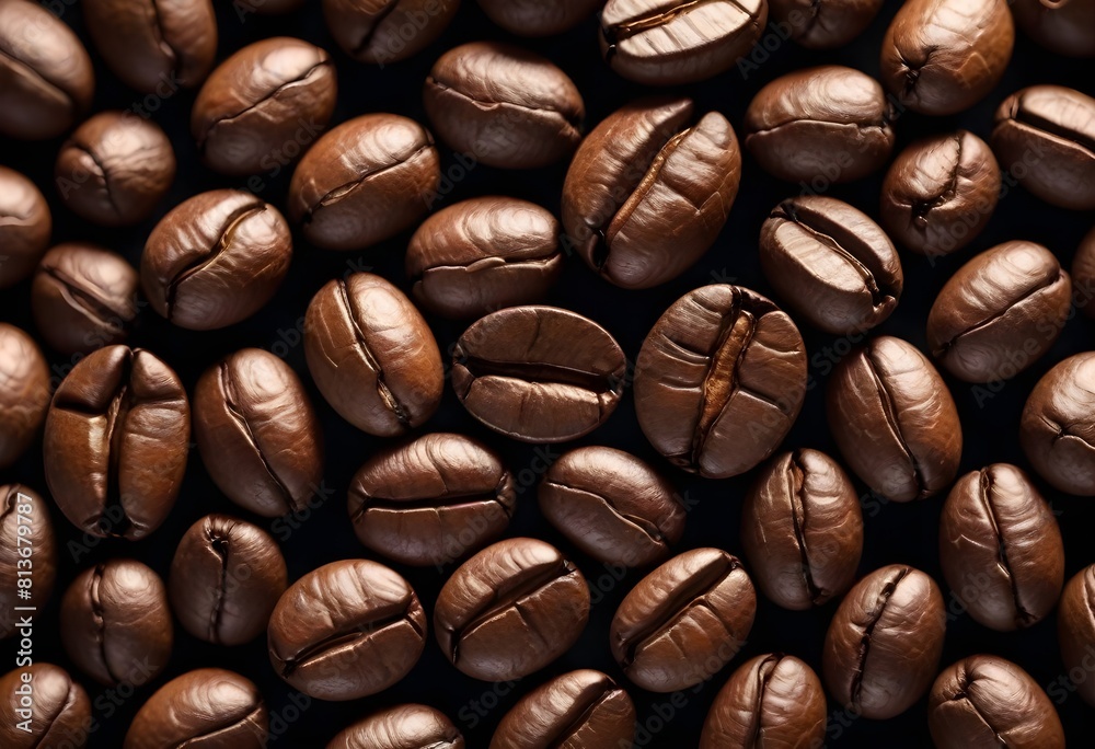 Detailed view of coffee beans against a dark black backdrop, showcasing their texture and color variations Detailed view of coffee beans against a dark black backdrop, showcasing their texture and color variations
