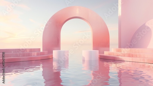 Elegant podium under a pastel pink arch  mirrored in calm waters  creating a tranquil scene for luxury cosmetics
