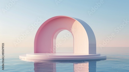 Elegant podium under a pastel pink arch, mirrored in calm waters, creating a tranquil scene for luxury cosmetics © miss[SIRI]