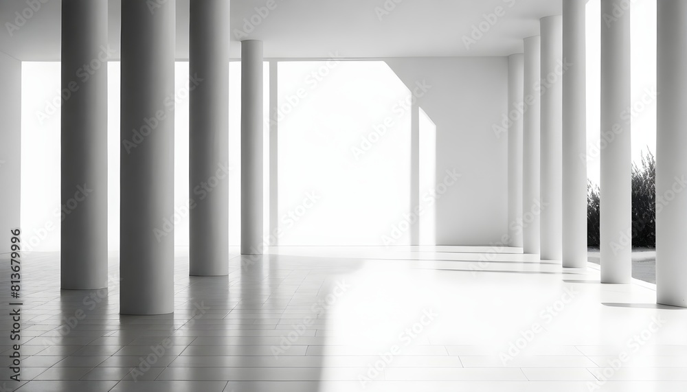 A black and white room featuring several columns that create a structured and symmetrical environment A black and white room featuring several columns that create a structured and symmetrical environment