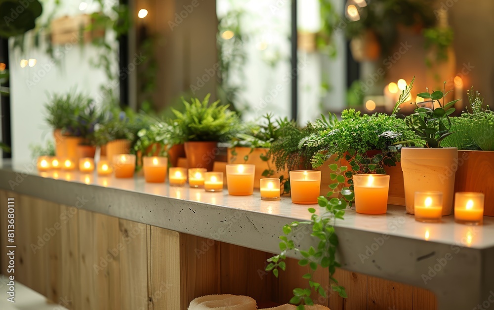 Some potted plants and lighted candles on the wooden table.