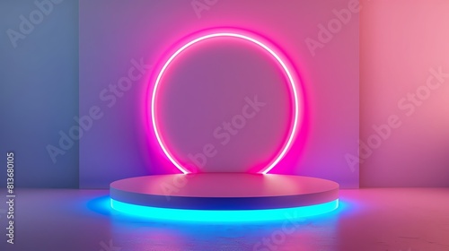 Neonlit podium mockup in vibrant pink and blue hues, perfect for highenergy product showcases, isolated on a white background photo
