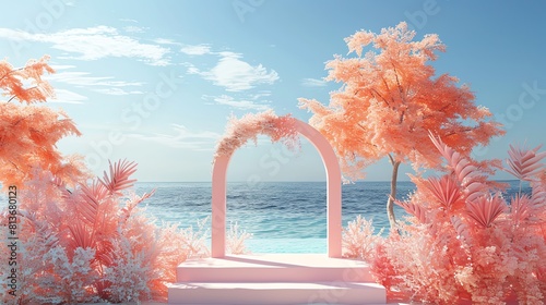 Pastel coral arch podium on a beachlike water setting, creating a summery vibe for seasonal product launches photo