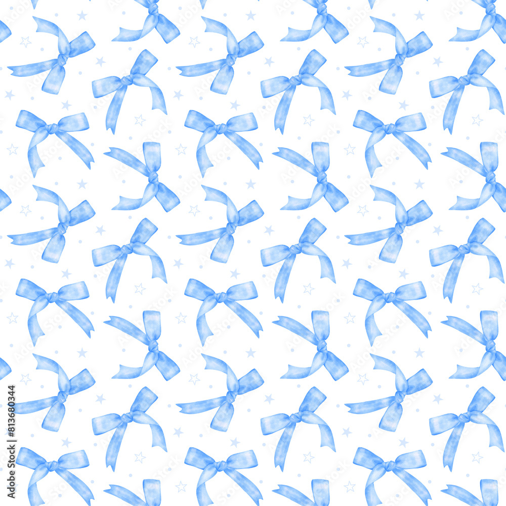 Coquette seamless pattern Blue ribbon bow watercolor preppy repeat background Coquette seamless pattern Blue ribbon bow watercolor preppy repeat background