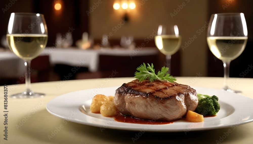 A juicy steak sits on a white plate with two wine glasses placed in front of it A juicy steak sits on a white plate with two wine glasses placed in front of it