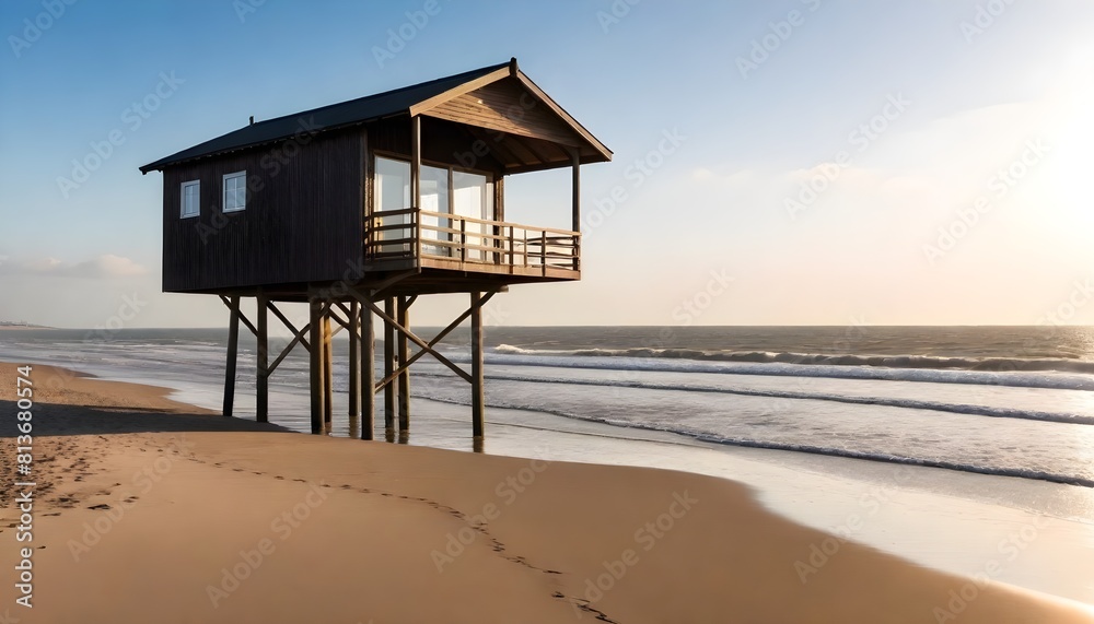 A wooden lifeguard tower stands on the sandy beach overlooking the ocean waves A wooden lifeguard tower stands on the sandy beach overlooking the ocean waves