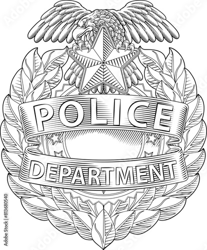 A police badge shield star sheriff cop crest emblem or symbol motif with eagle in a vintage woodcut style.