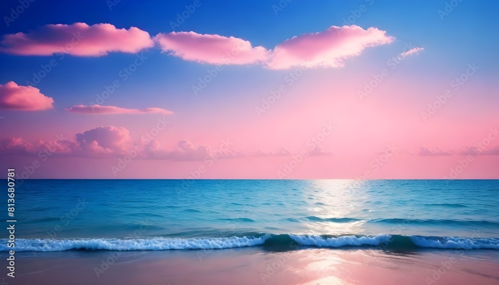 A pink sunset casting a warm glow over the ocean, with billowing clouds and gently crashing waves A pink sunset casting a warm glow over the ocean, with billowing clouds and gently crashing waves