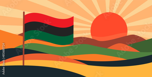 Juneteenth Abstract landscape minimalist background. Sand, sunset, African flag symbol of Freedom or Emancipation Day.