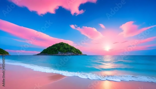 A pink sunset casts a warm glow over a sandy beach with a small island in the background